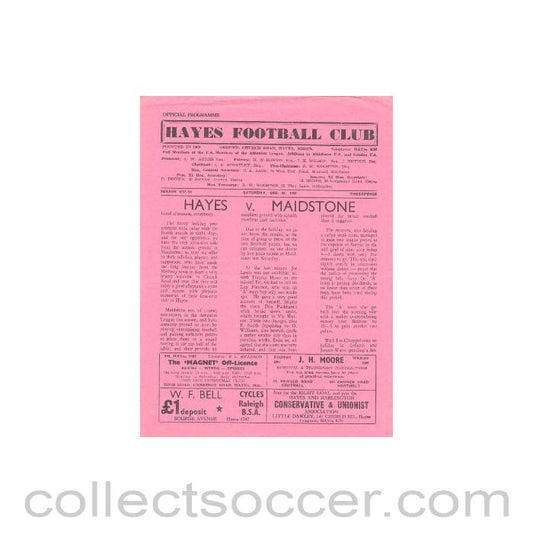 1957 - Hayes v Maidstone official programme 28/12/1957