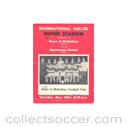 1961 - In Vancouver Canada - Heart of Midlothian v Manchester United official programme 28/05/1961