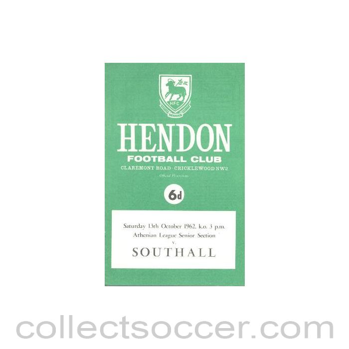1962 - Hendon v Southall official programme 13/10/1962