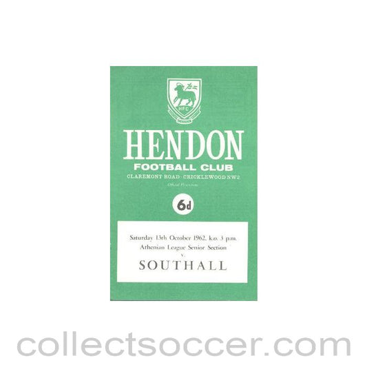 1962 - Hendon v Southall official programme 13/10/1962