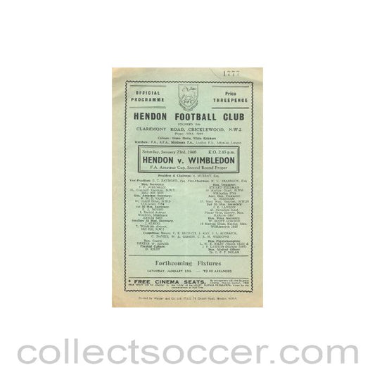 1960 - Hendon v Wimbledon official programme 23/01/1960