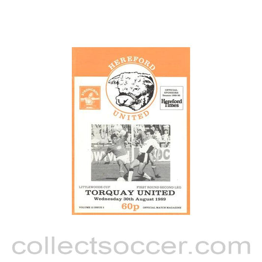 1989 - Hereford United v Torquay United official programme 30/08/1989 Littlewoods Cup