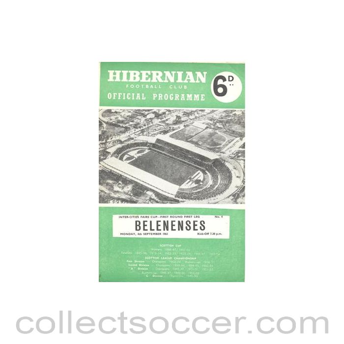 1961 - Hibernian v Belenenses official programme 04/09/1961 Inter-Cities Fairs Cup