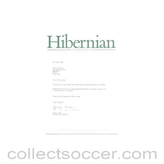 1991 - Hibernian letter of 10/08/1991