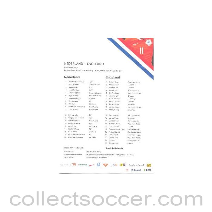 2009 - Holland v England official teamsheet 12/08/2009 in Dutch