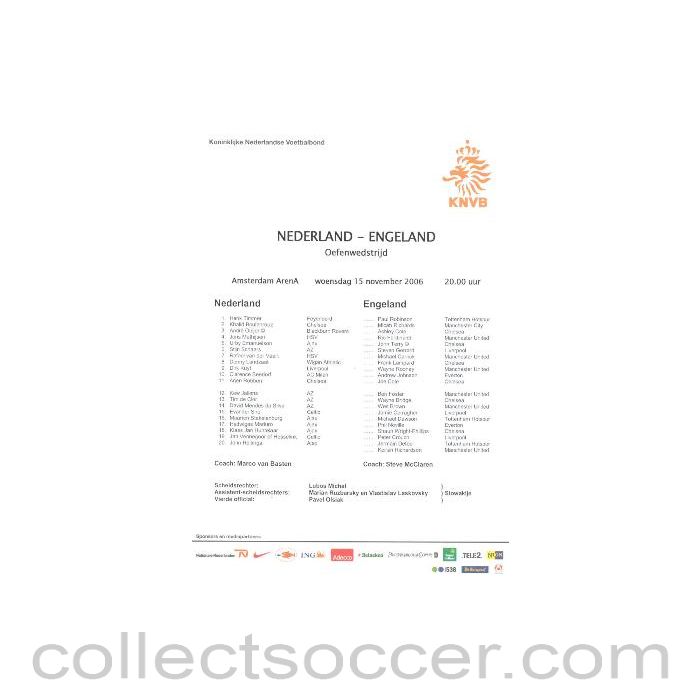 2006 - Netherlands v England teamsheet 15/11/2006