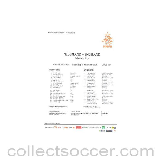 2006 - Netherlands v England teamsheet 15/11/2006