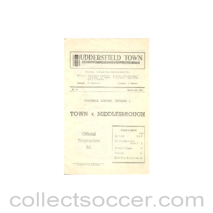 1948 - Huddersfield Town v Middlesbrough official programme 13/03/1948