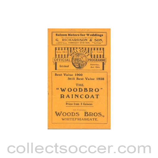 1938 - Hull City v Gateshead official programme 29/10/1938