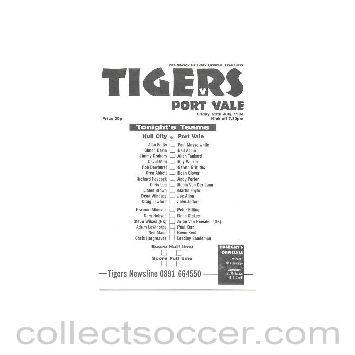 1994 - Hull City v Port Vale official programme 29/07/1994 friendly