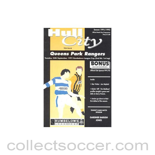 1991 - Hull City v Queen's Park Rangers official programme 24/09/1991 Rumbelows League Cup