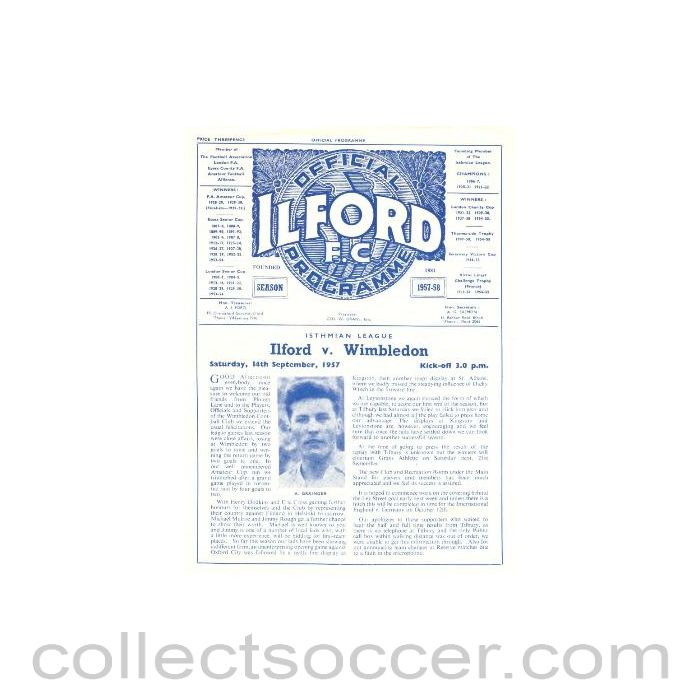 1957 - Ilford v Wimbeldon official programme 14/09/1957