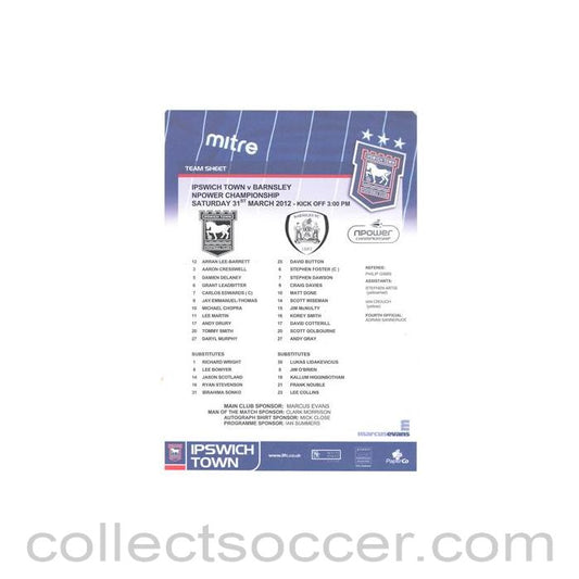 2012 - Ipswich Town v Barnsley official colour teamsheet 31/03/2012 NPower Championship