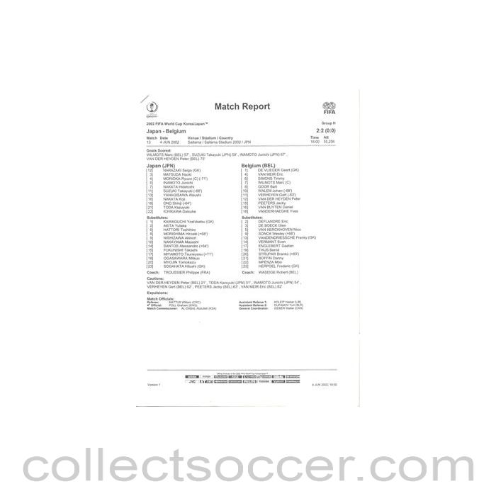 2002 World Cup - Japan v Belgium 04/06/2002 Match Report & Game Statistics