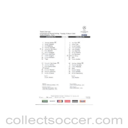 2009 - Juventus v Chelsea Champions League Final in Turin on 10/03/2009 Team Sheet