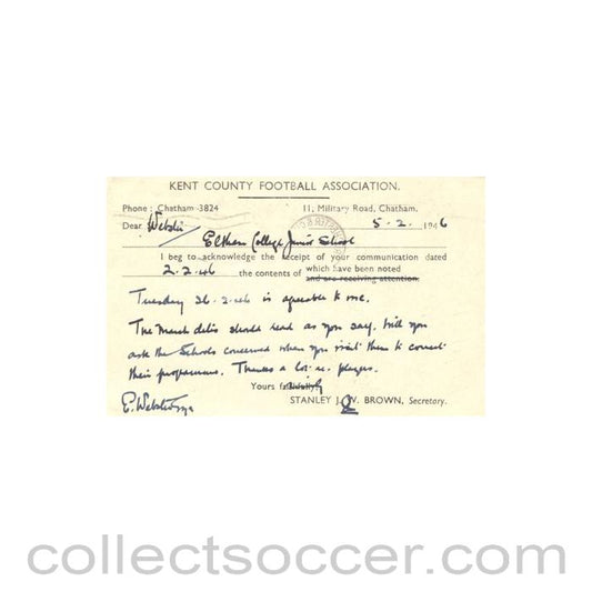1946 - Kent County Football Association written on postcard of 05/02/1946