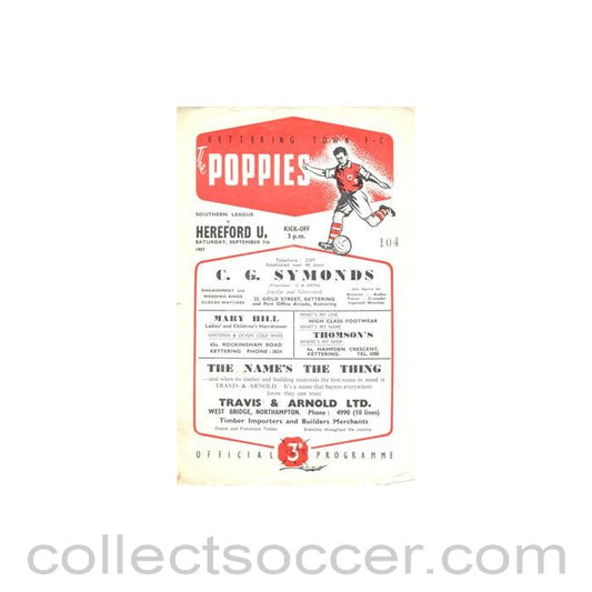1957 - Kettering Town v Hereford United official programme 07/09/1957 Southern League