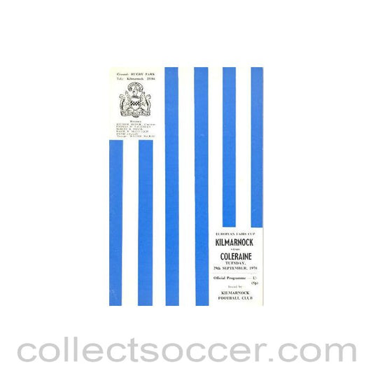1970 - Kilmarnock v Coleraine European Fairs' Cup official programme 29/09/1970