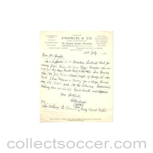 1943 - Knowles & Co. letter about Wrexham Football Club of 21/07/1943