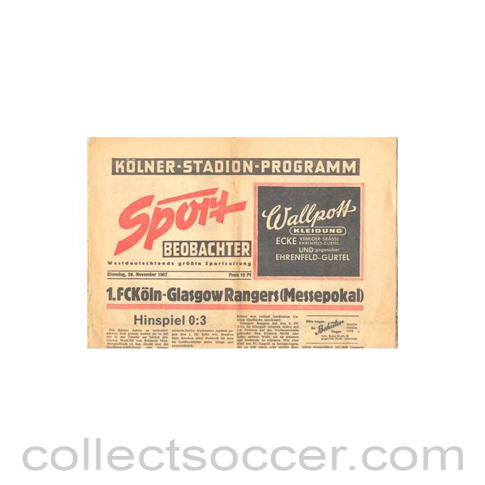 1967 - FC Koln V Glasgow Rangers programme 28/11/1967