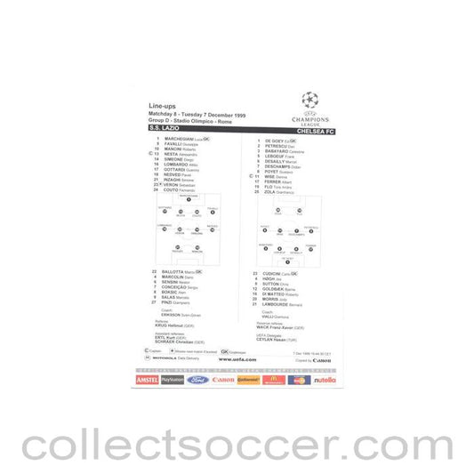 1999 - Lazio v Chelsea line-ups 07/12/1999 Champions League