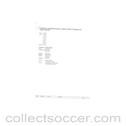 1999 - Lazio v Chelsea On Digital original BBC TV Script of presenter Jim Rosenthal 07/12/1999 Champions League