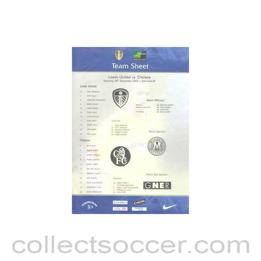 2002 - Leeds United v Chelsea official colour teamsheet 28/12/2002
