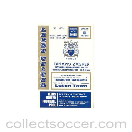 1967 UEFA Fairs Cup Final Official Programme Leeds United v Dynamo Zagreb 06/09/1967