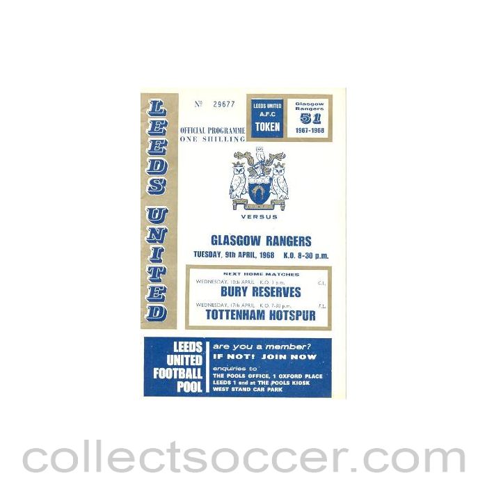 1968 - Leeds United v Glasgow Rangers official programme 09/04/1968