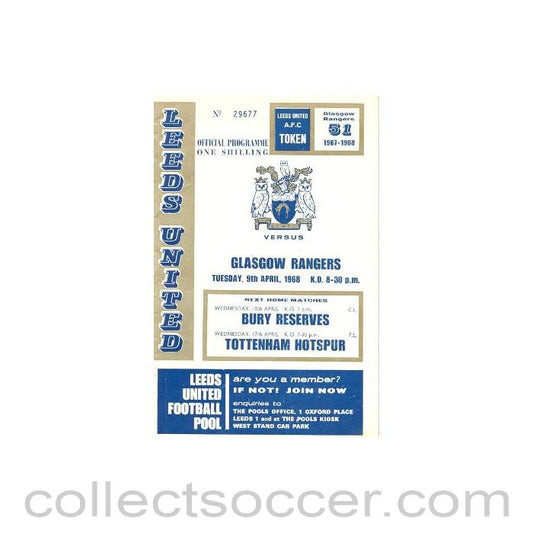1968 - Leeds United v Glasgow Rangers official programme 09/04/1968