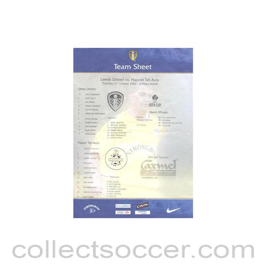 2002 - Leeds United v Hapoel Tel Aviv teamsheet 31/10/2002 UEFA Cup