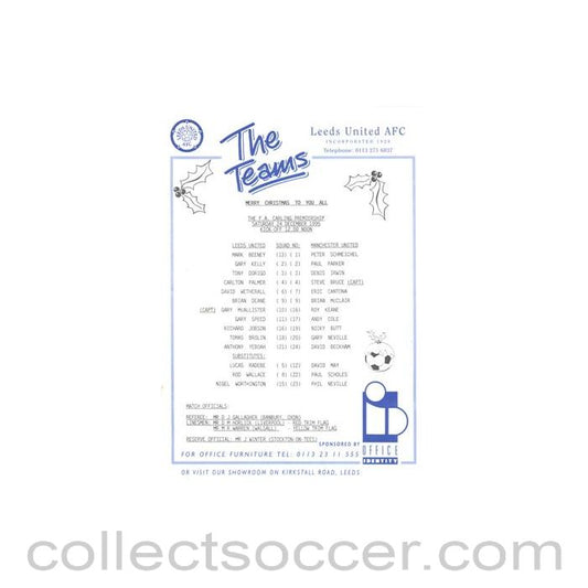 1995 - Leeds United v Manchester United official teamsheet 24/12/1995 Premier League