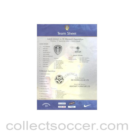 2002 - Leeds United v Metalurh Zaporizhya teamsheet 19/09/2002 UEFA Cup