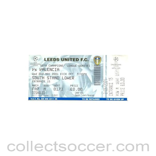2001 - Leeds v Valencia unused ticket 02/05/2001
