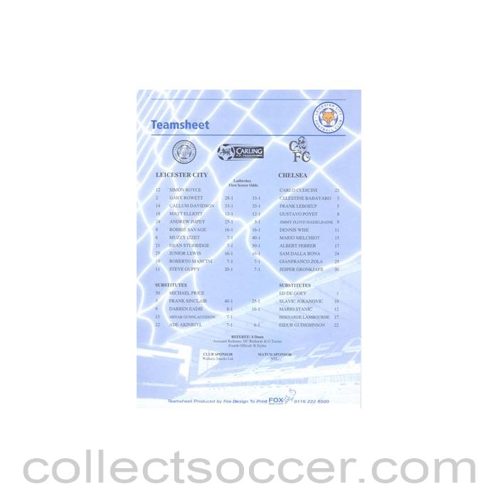 Leicester City v Chelsea official colour teamsheet