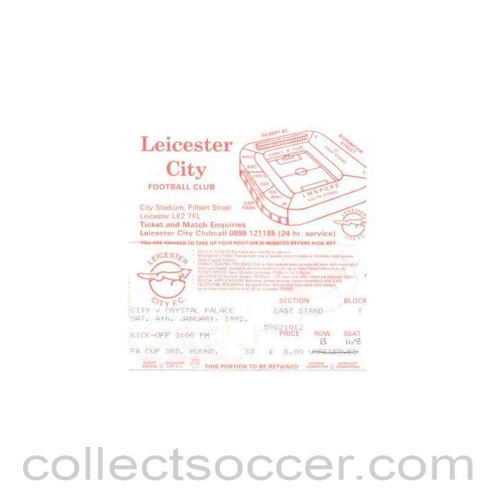1992 - Leicester City v Crystal Palace ticket 04/01/1992