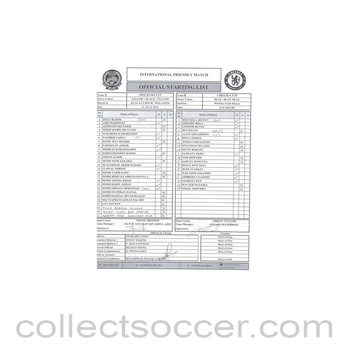 2012 - Malaysia U19 v Chelsea U18 official teamsheet/programme 31/07/2012