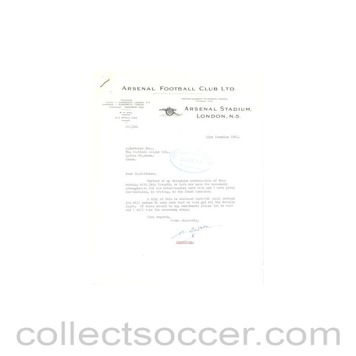 1962 - Letter from Arsenal Stadium, originally signed by the Secretary, of 23/11/1962