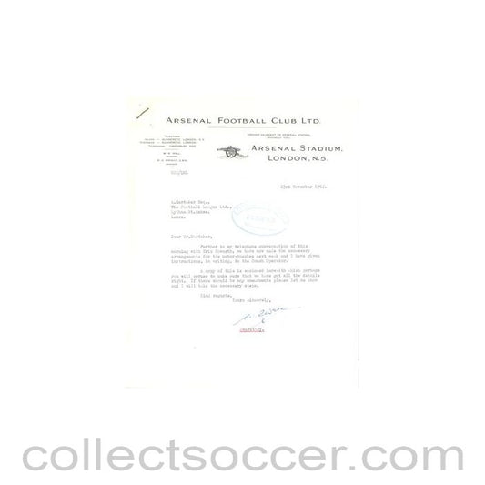 1962 - Letter from Arsenal Stadium, originally signed by the Secretary, of 23/11/1962