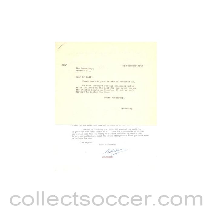 1962 - Letter from Arsenal Stadium, originally signed by the Secretary, of 22/11/1962