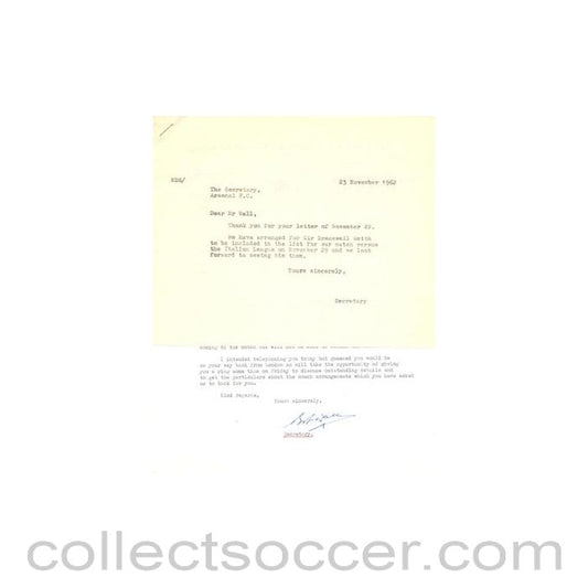 1962 - Letter from Arsenal Stadium, originally signed by the Secretary, of 22/11/1962