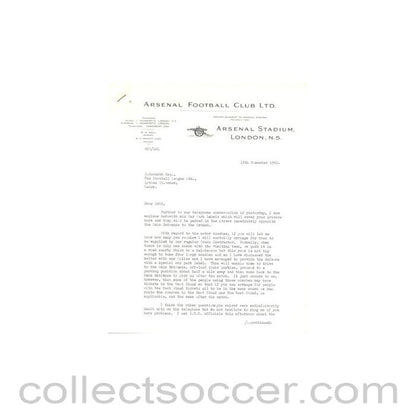 1962 - Letter from Arsenal Stadium, originally signed by the Secretary, of 13/11/1962