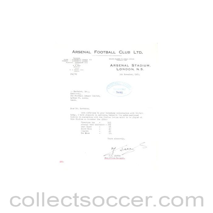 1962 - Letter of Arsenal Stadium, originally signed by the F.G. Jeeves Box Office Manager of 09/11/1962