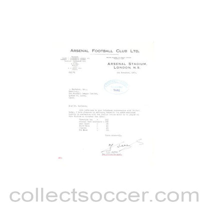 1962 - Letter of Arsenal Stadium, originally signed by the F.G. Jeeves Box Office Manager of 09/11/1962