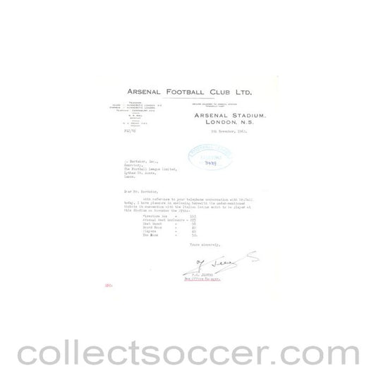 1962 - Letter of Arsenal Stadium, originally signed by the F.G. Jeeves Box Office Manager of 09/11/1962