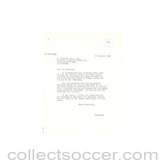 1962 - Letter of The Football League of 08/11/1962 to J. Richards of Barnsley District Cooking Co.