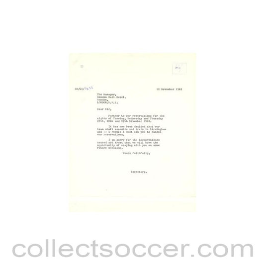 1962 - Letter of The Football League to the Manager of Hendon Hall Hotel of 12/11/1962