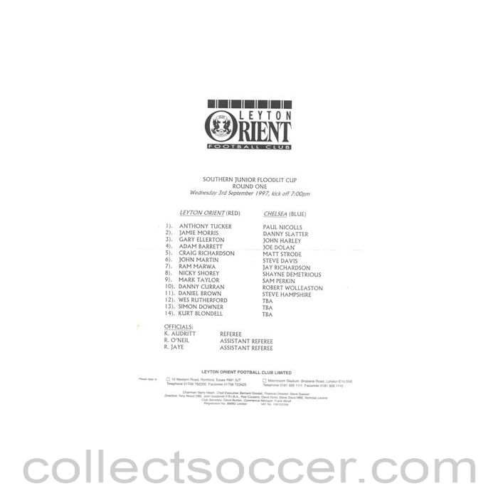 1997 - Leyton Orient v Chelsea official programme 03/09/1997 Southern Junior Floodlit Cup