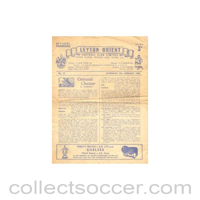 1957 - Leyton Orient vChelsea official programme 05/01/1957