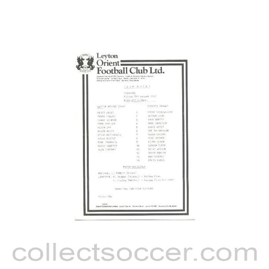 1987 - Leyton Orient v Chelsea official teamsheet 07/08/1987